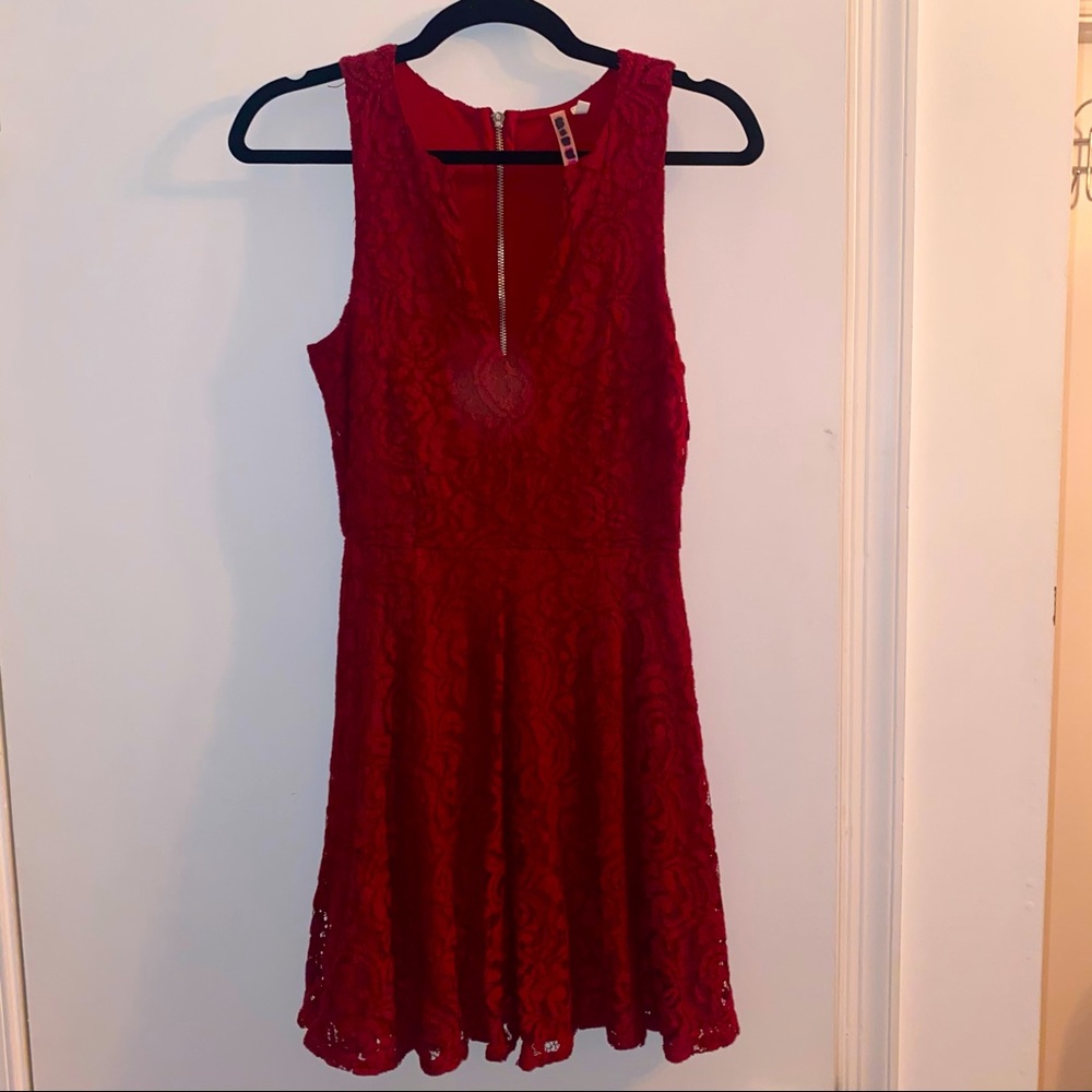 Red Lace Deep V Mini Dress